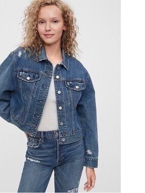 GAP Dolman Light Blue Denim Jacket with Leather Logo Patch